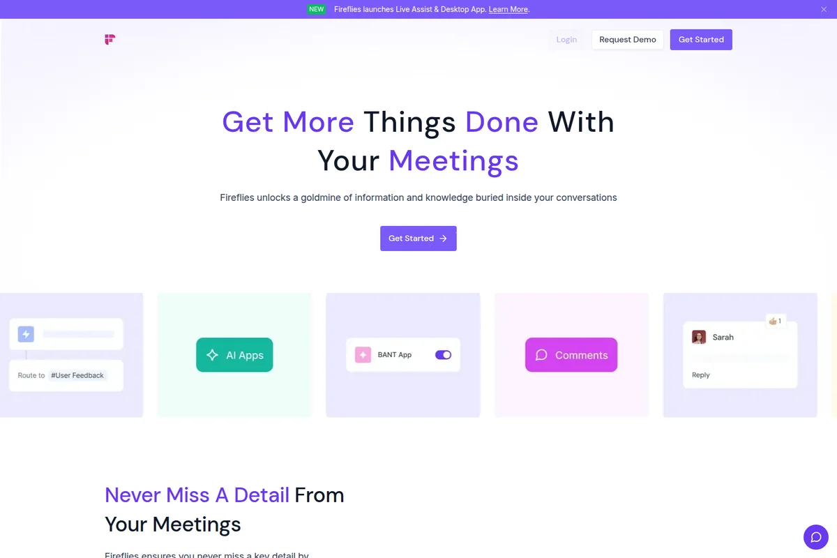 Fireflies AI features page showcasing the main value proposition and a row of key feature cards in a modern clean interface.