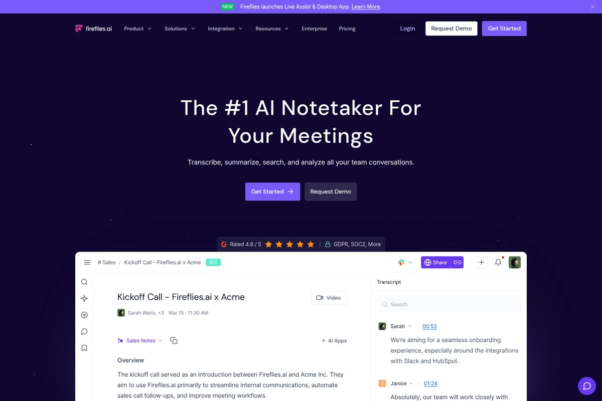 Fireflies.ai homepage displaying the #1 AI Notetaker for meetings with a dark-mode interface and a meeting transcript preview.