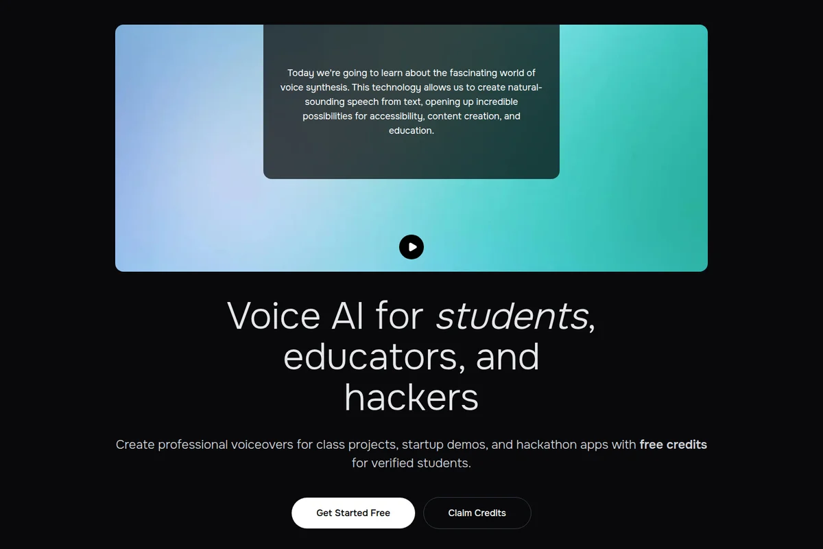 Fish-audio landing page hero displaying a voice synthesis player with descriptive text and calls to action on a dark background.