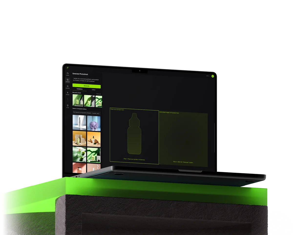 flair AI workspace showing the AI photoshoot generation interface with template selection and a dark-mode aesthetic.