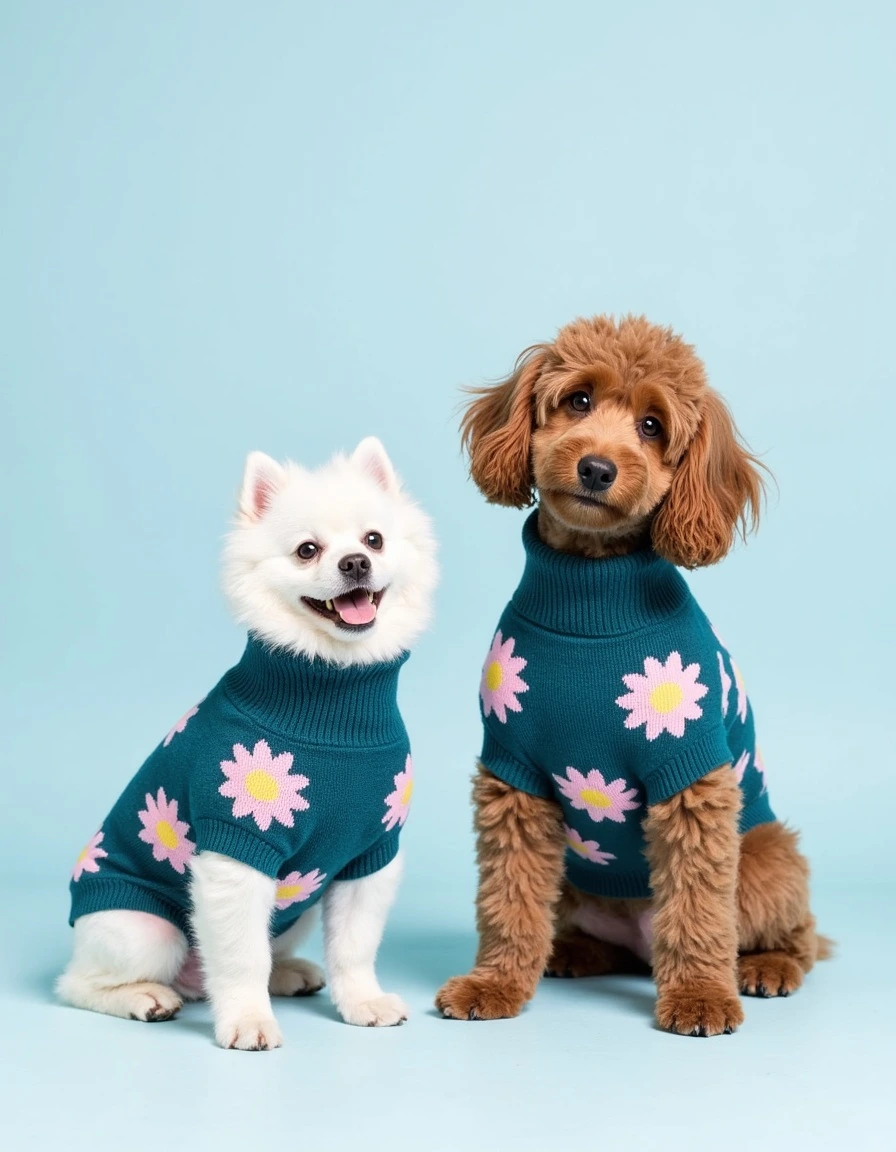Fluffy white dog and brown poodle wearing matching flair daisy-patterned pet sweaters, posed against a light blue studio background.