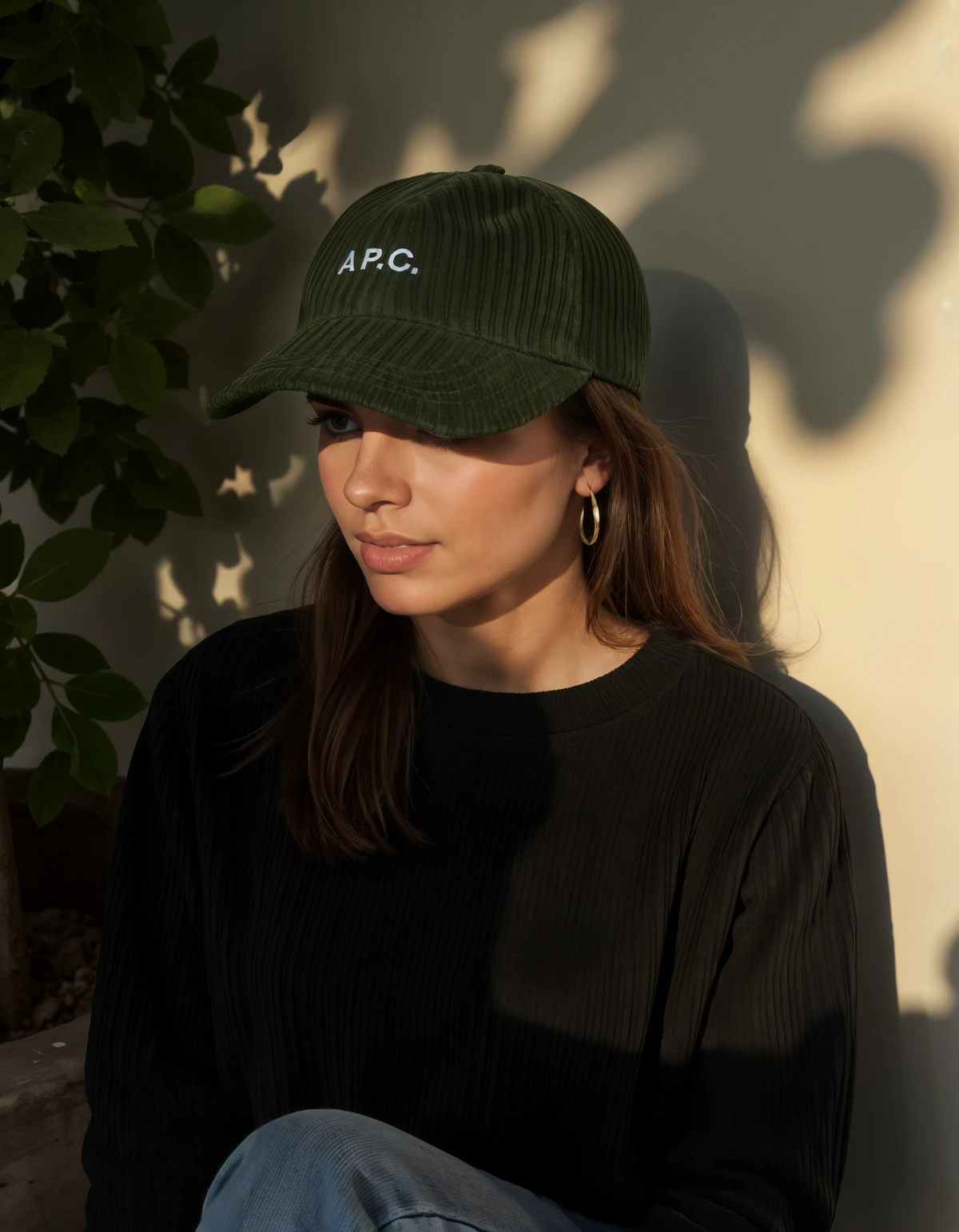 Flair AI generated fashion model wearing a green corduroy cap with natural lighting