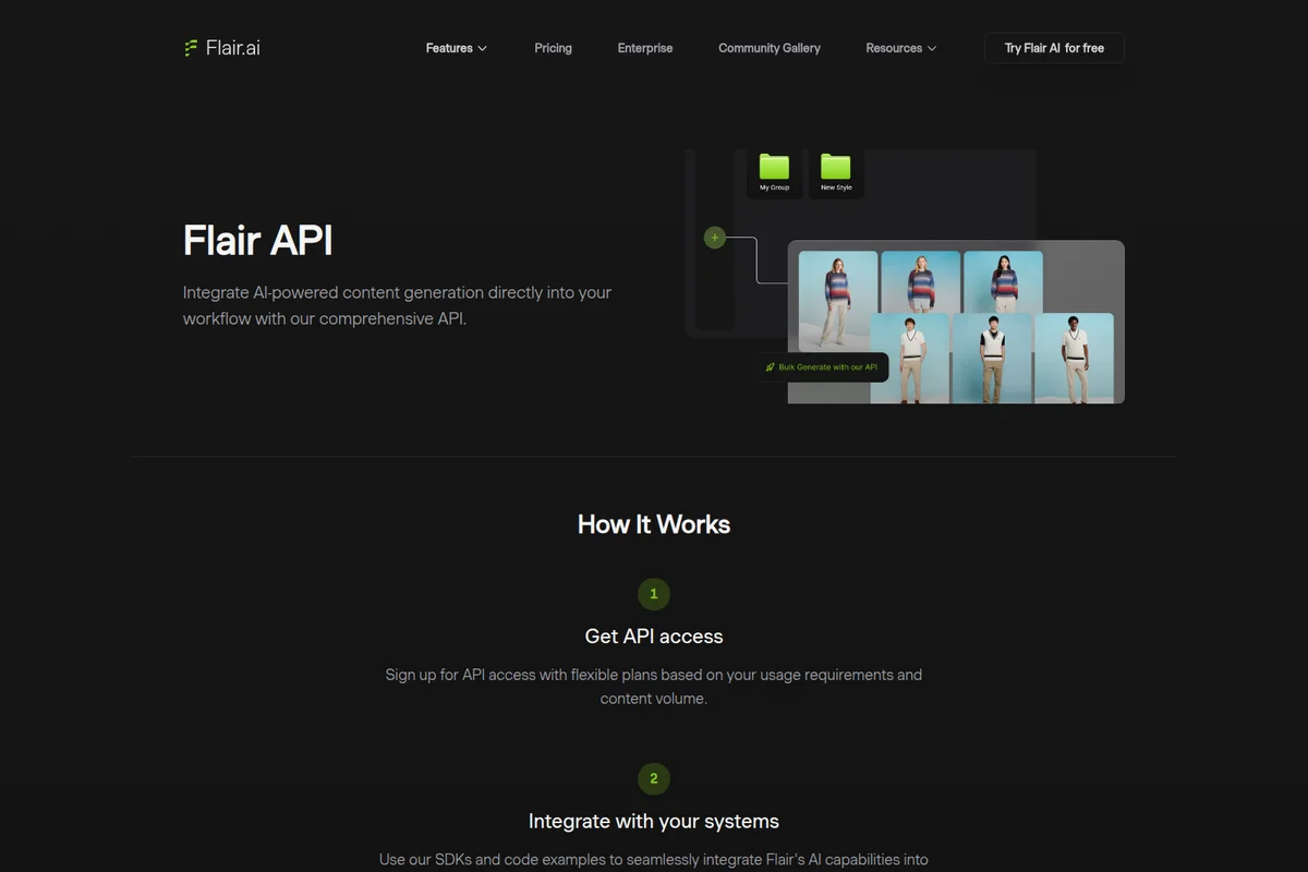 Flair API feature demonstration showing AI-powered bulk image generation workflow and generated fashion content with a dark-mode interface.
