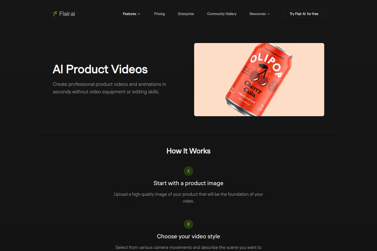 Flair.ai AI product videos landing page demonstrating video generation capabilities with a modern dark interface and a Cherry Cola can output example.