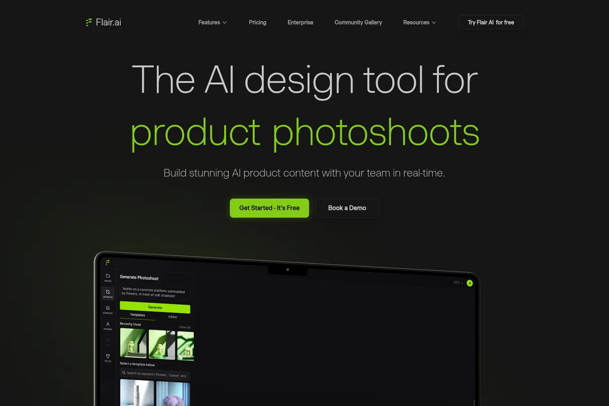 Flair AI workspace UI showing AI product photoshoot generation workflow in a sleek dark-mode aesthetic.