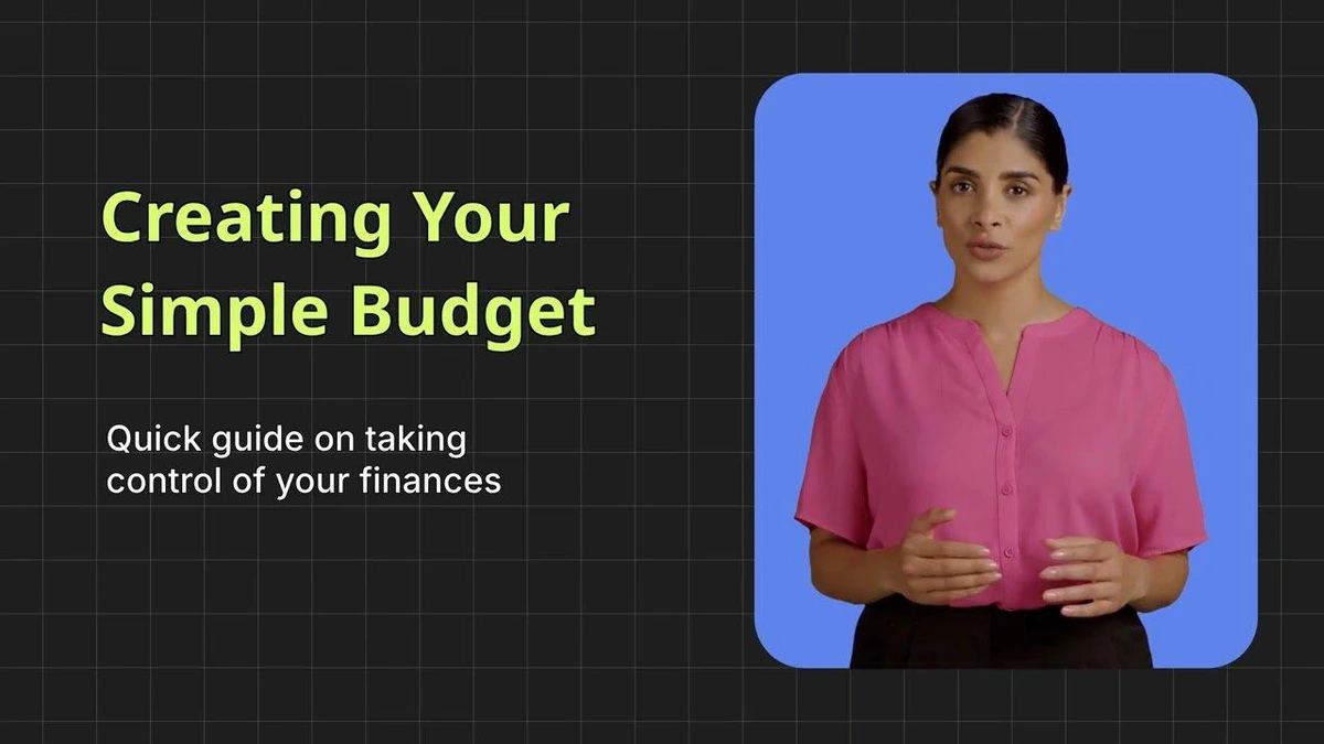 Fliki output sample showing an AI presenter and 'Creating Your Simple Budget' text on a modern dark grid background.