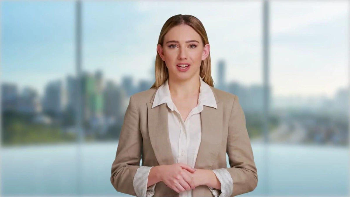 Fliki AI-generated video presenter in a professional business setting against a blurred city background.