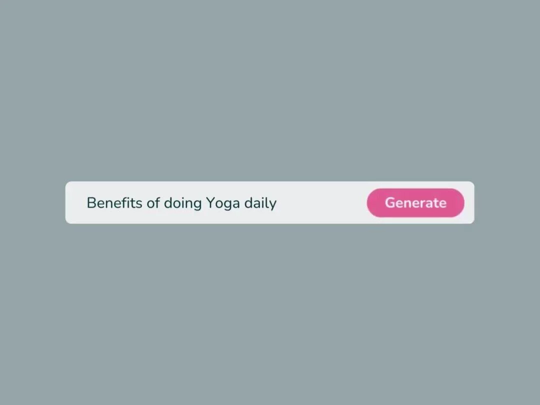 Fliki content generation UI showing an input field with 'Benefits of doing Yoga daily' and a 'Generate' button on a minimalist gray background.
