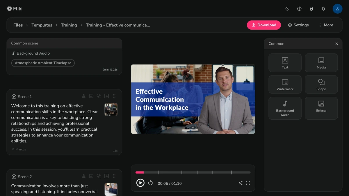 Fliki video editing workspace showing a training video being created with scenes, background audio, and a dark-mode interface.