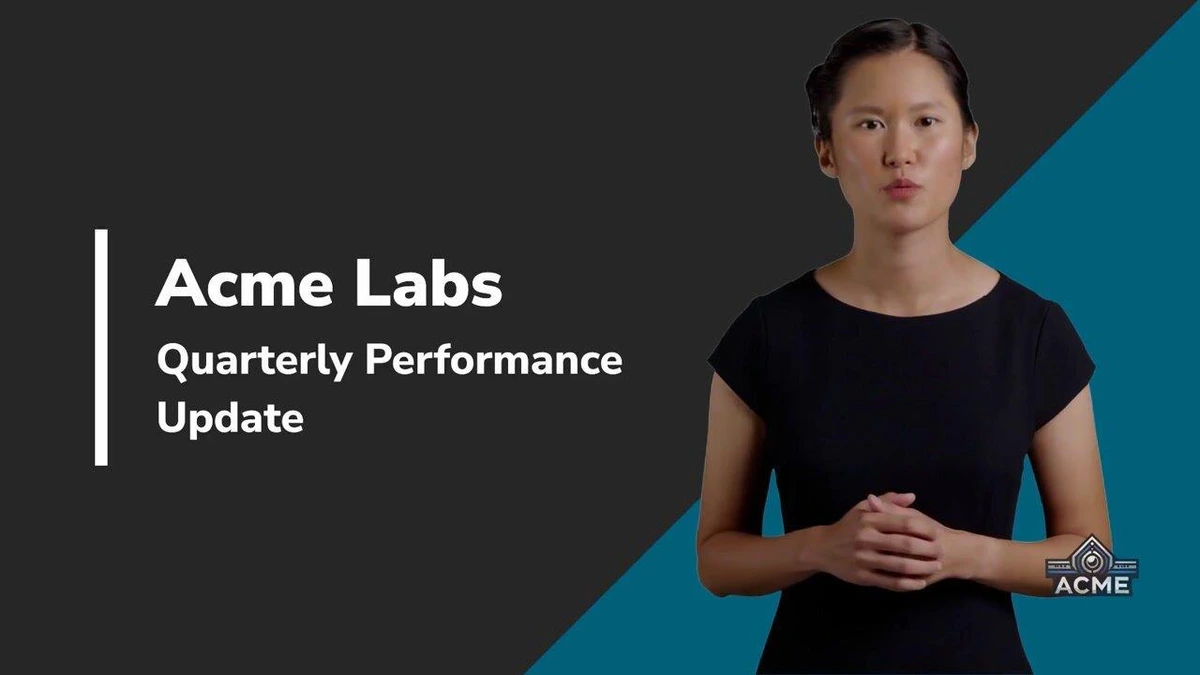 Fliki output sample showing a professional video presentation frame with a female presenter and 'Acme Labs Quarterly Performance Update' text against a dual-tone background.