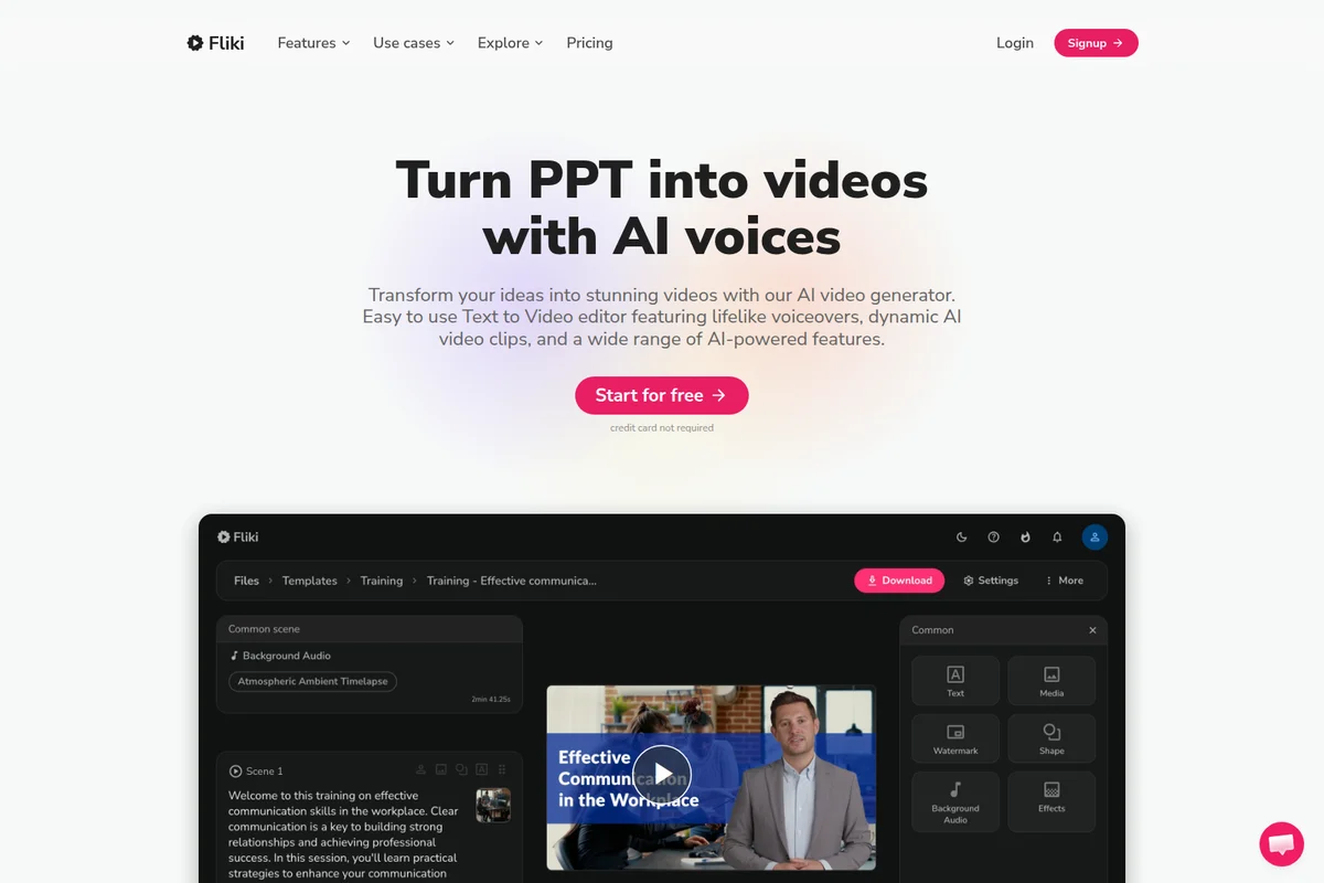 Fliki AI video editor workspace showing presentation-to-video conversion with AI voices and a dark-mode interface.