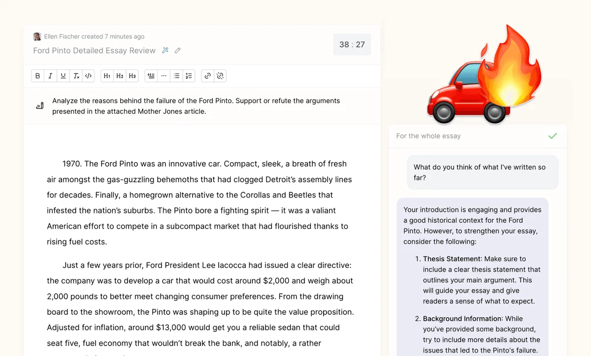 Flint AI writing assistant providing detailed essay feedback for a 'Ford Pinto' review with a clean editor interface.