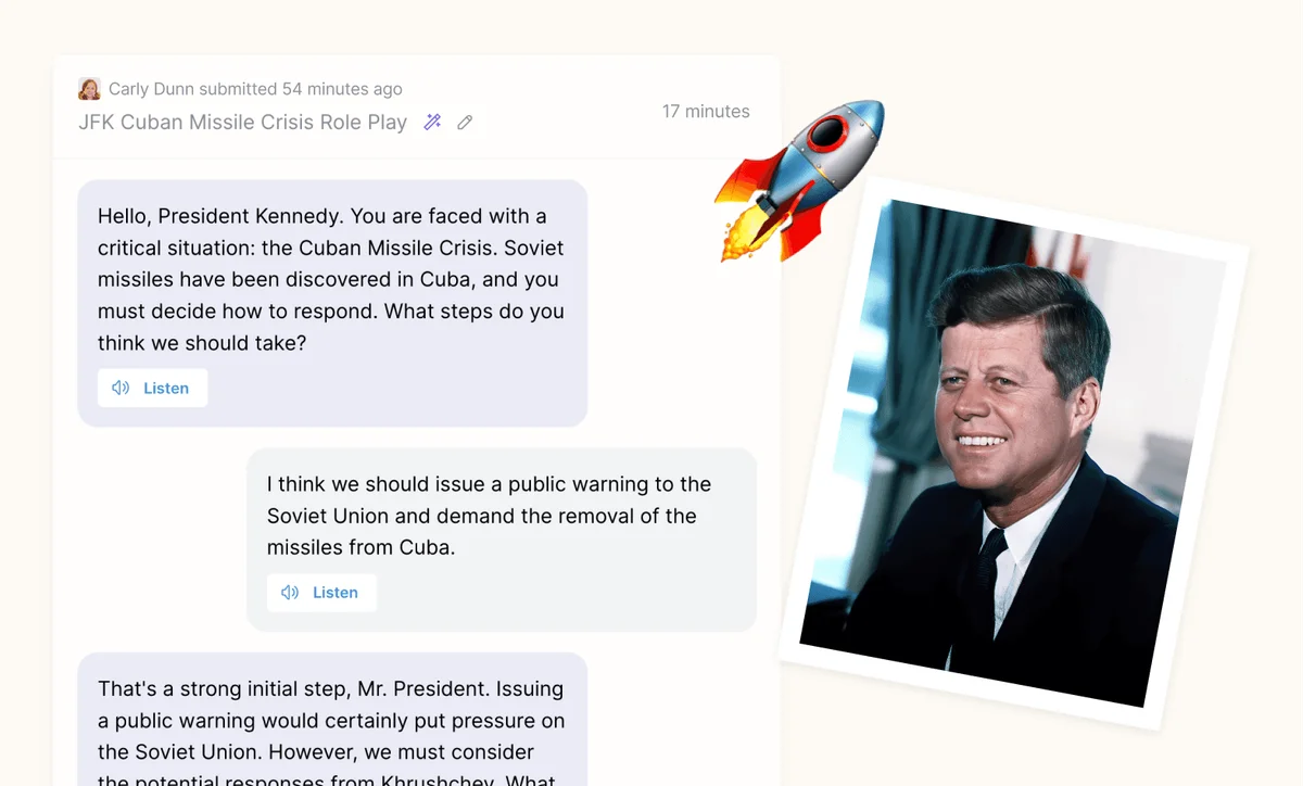 flint role-play workspace showing an interactive simulation of the JFK Cuban Missile Crisis with a clean light-theme interface.