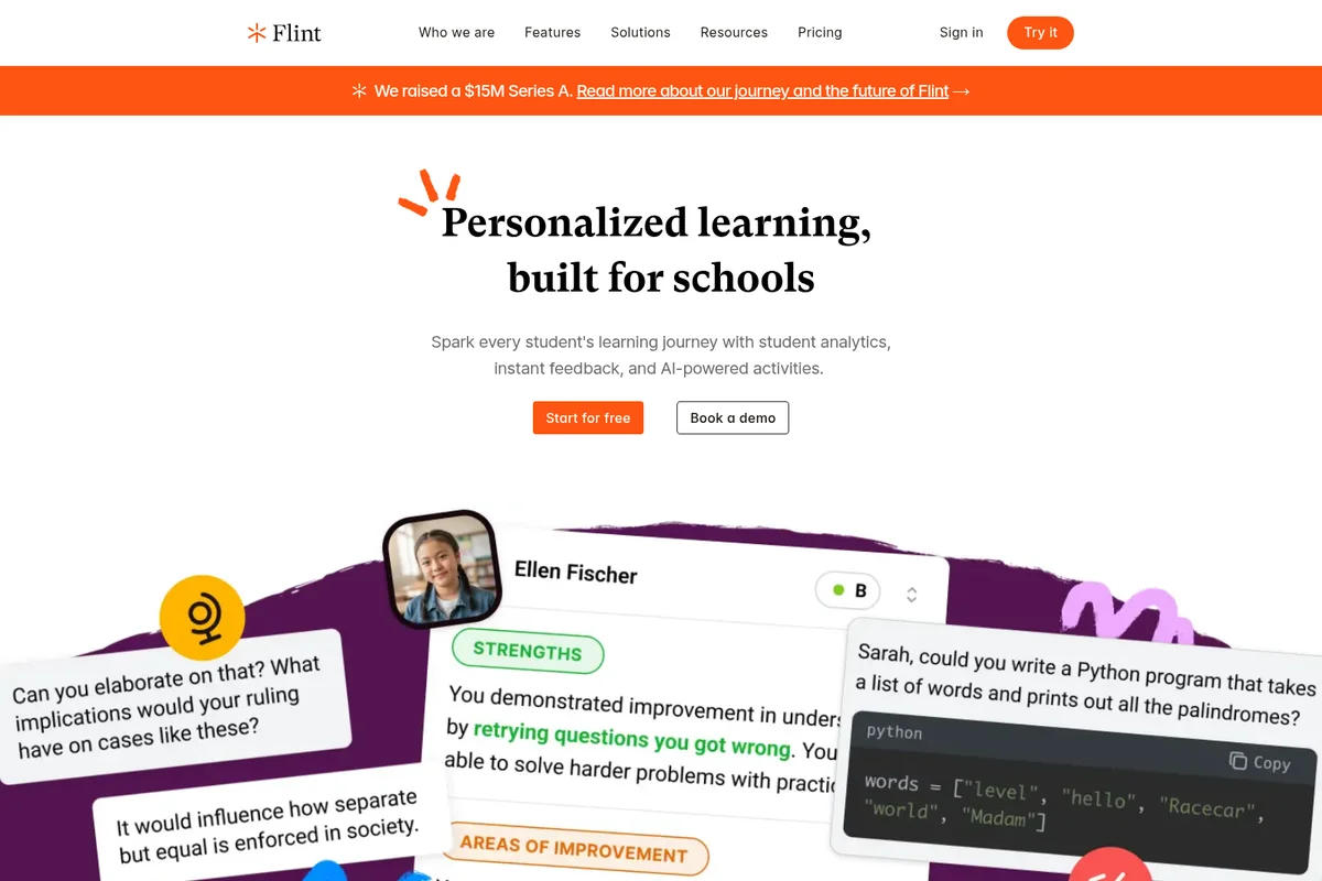 Flint homepage featuring personalized learning through student analytics, an AI chat interface, and a Python code editor demonstration.