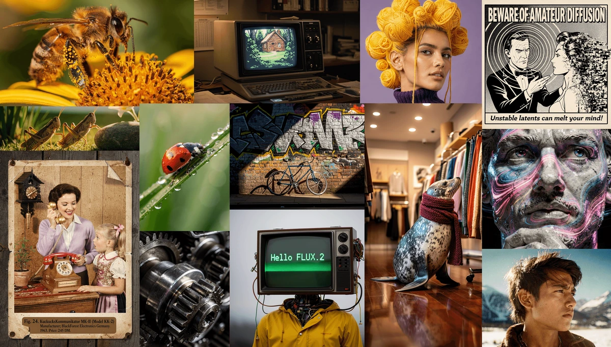 Flux AI image gallery showcasing diverse AI-generated photorealistic and artistic outputs, including brand messaging and conceptual art.