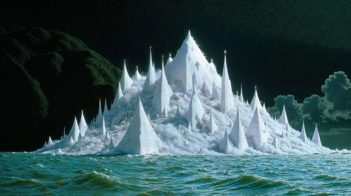 Flux output sample showing a fantastical ice city rising from the ocean with a surreal, photorealistic style.