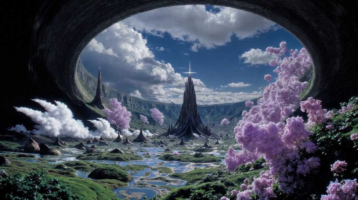 Flux AI generated fantasy landscape with a central dark spire and vibrant pink flora under a cave arch, showcasing a unique alien world.