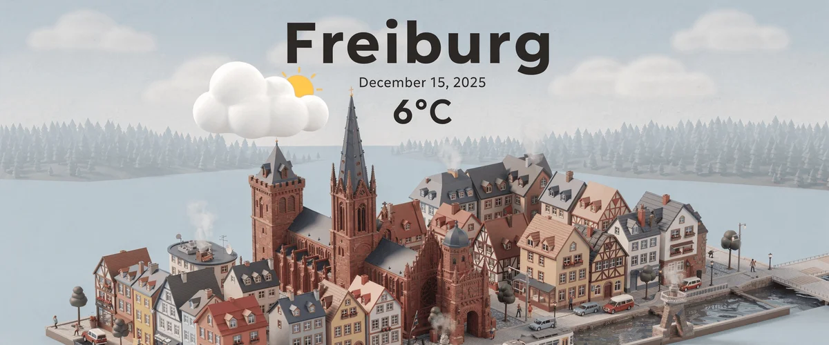 Flux output sample showing a stylized 3D cityscape of Freiburg with current weather at 6°C.