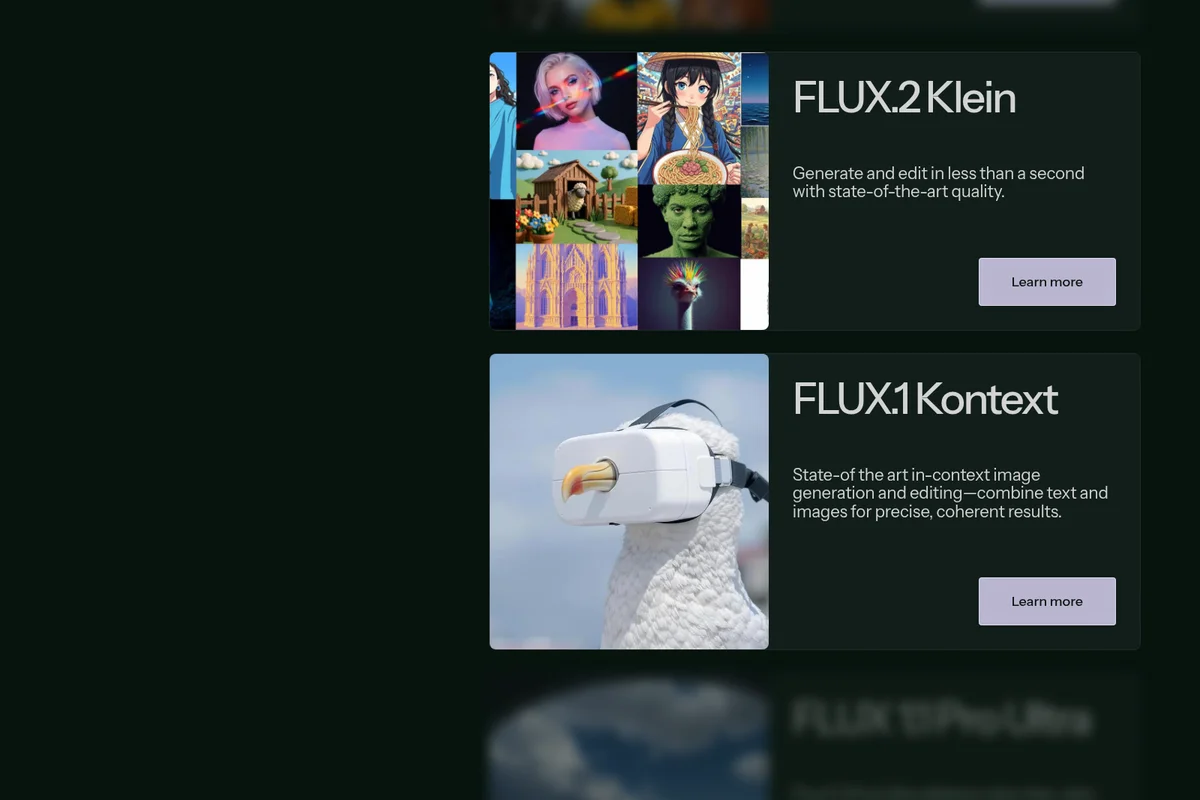 Flux models page showcasing diverse AI-generated and edited image examples for FLUX.2 Klein and FLUX.1 Kontext within a modern dark-themed interface.