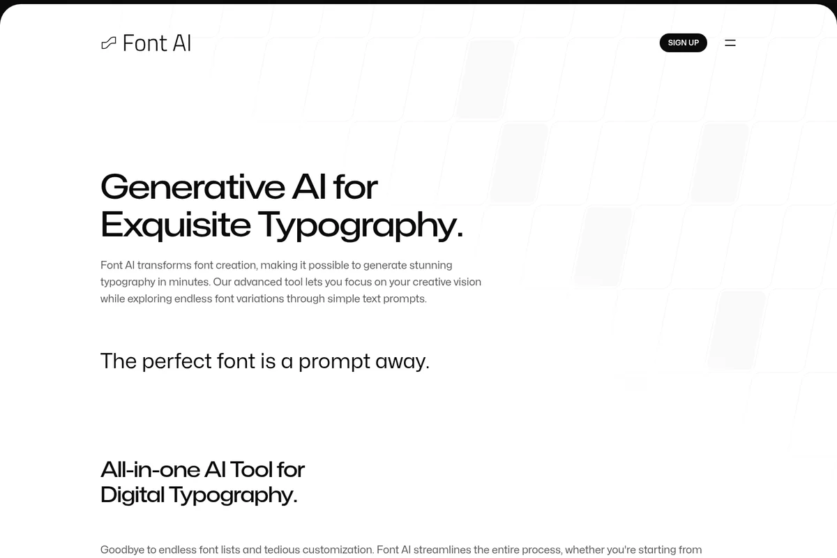 Font AI homepage showcasing generative AI for exquisite typography with a clean, minimalist design.