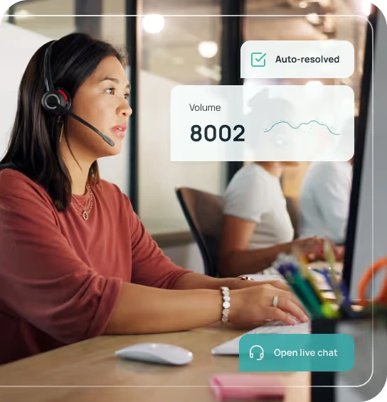 Forethought customer service workspace showing an agent monitoring 'Auto-resolved' cases and 'Volume' metrics on a modern screen.