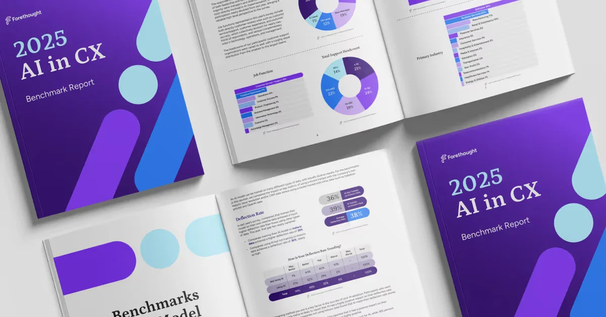 Forethought 2025 AI in CX Benchmark Report showing charts on job functions and deflection rates on a vibrant purple cover.