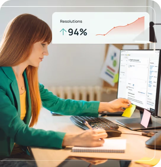 Forethought workspace UI showing a user managing tasks and viewing resolution metrics in a professional office environment.