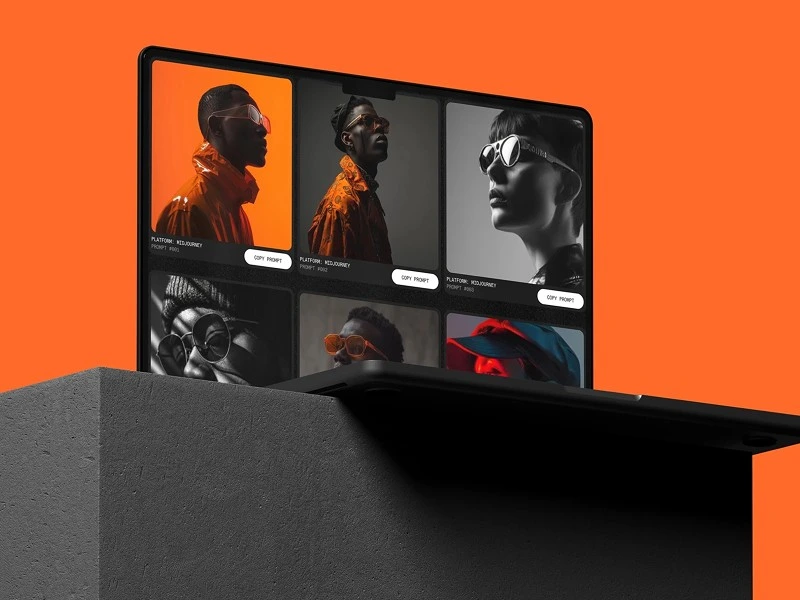 Framer gallery page displaying AI-generated portraits and their Midjourney prompts in a sleek dark interface.