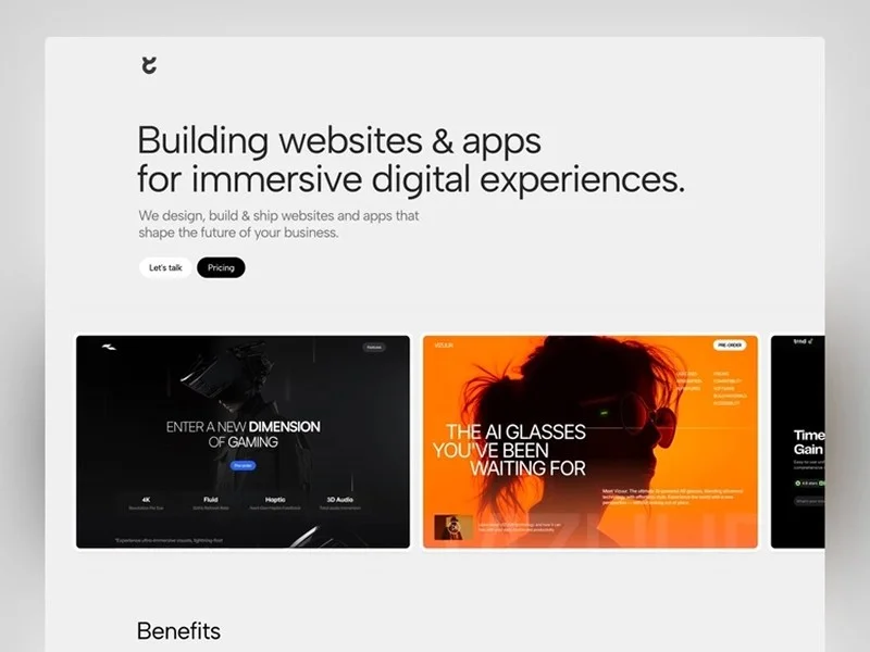 Framer landing page showcasing diverse digital experiences, including immersive gaming and AI glasses, with a clean, modern high-contrast interface.