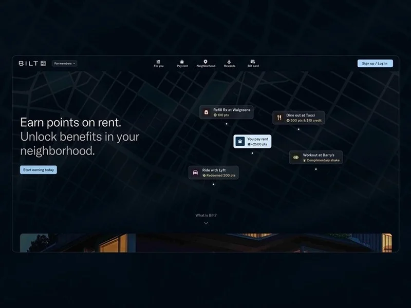 Bilt app workspace showing an interactive neighborhood map with point-earning opportunities for rent, dining, pharmacy, and fitness.