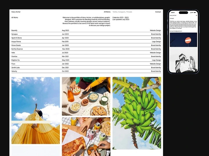 Framer output-sample showing a responsive portfolio website with project listings and a photo grid, featuring a clean, modern interface.