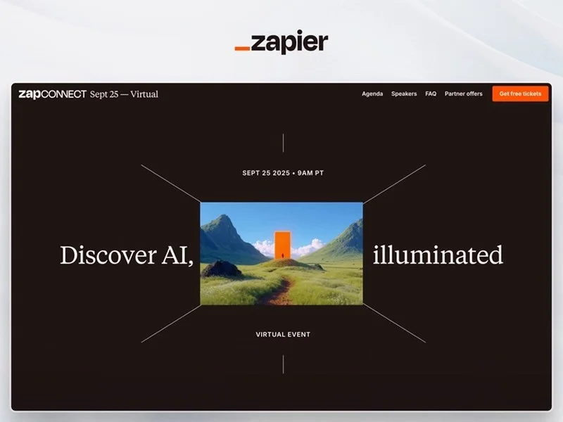 Framer output sample showing the Zapier 'zapCONNECT' virtual event landing page with a modern dark theme.