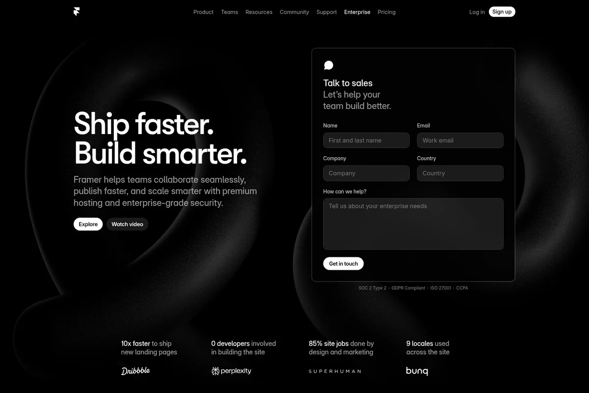 Framer Enterprise page promoting faster shipping and smarter building, featuring a sales contact form in a modern dark UI.