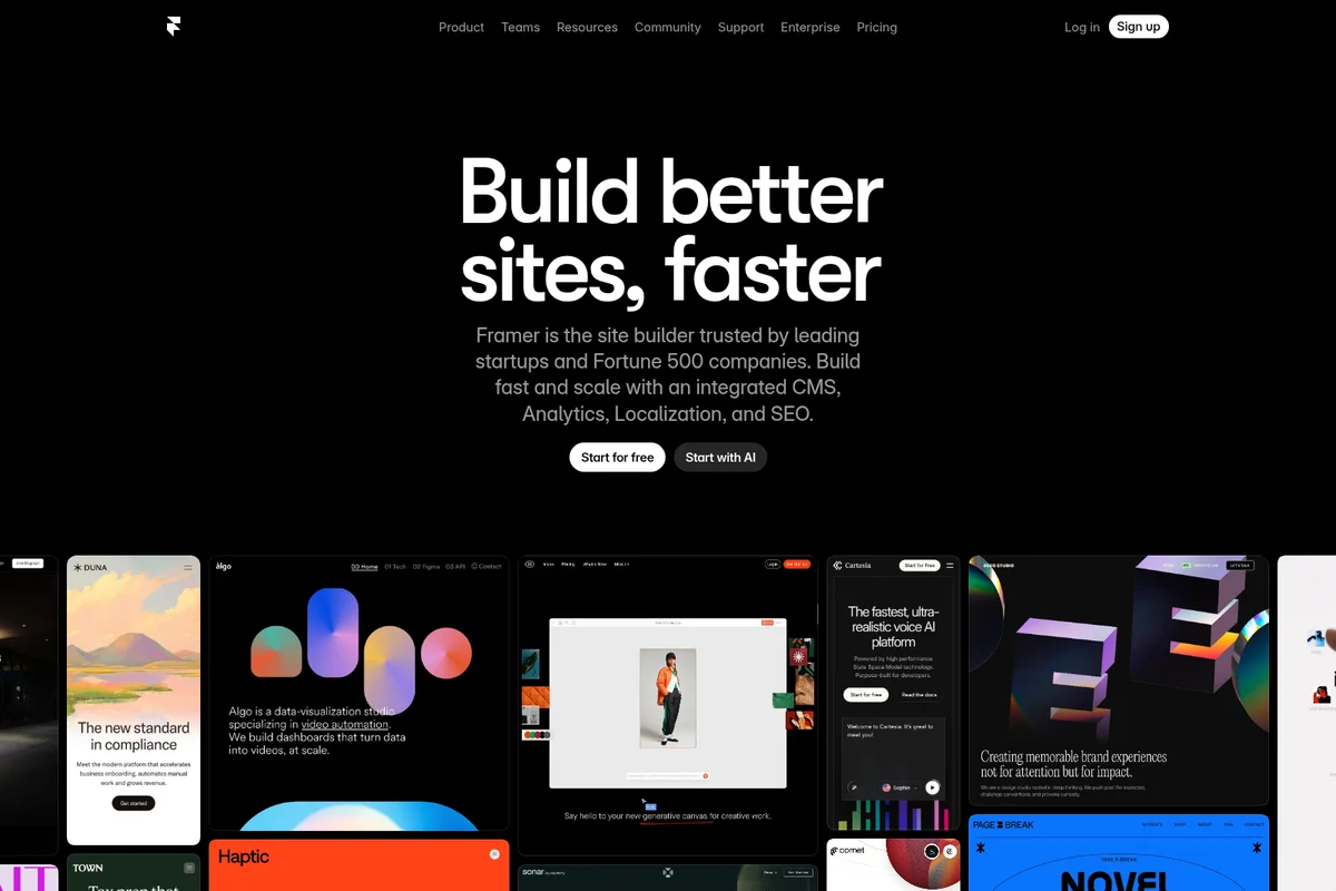 Framer homepage showcasing its 'Build better sites, faster' value proposition with a gallery of diverse, modern website examples in a sleek dark-mode theme.