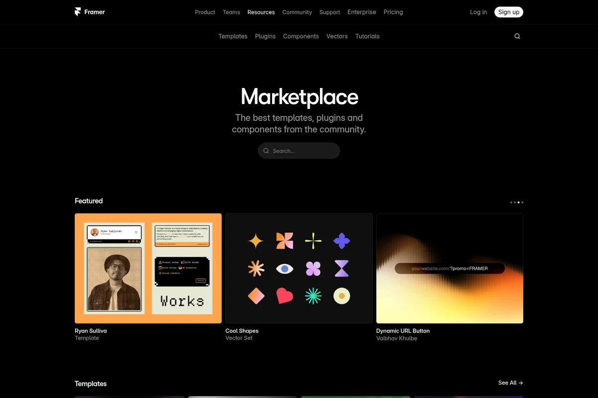 Framer Marketplace showcasing featured templates and design components within a dark-mode application interface.