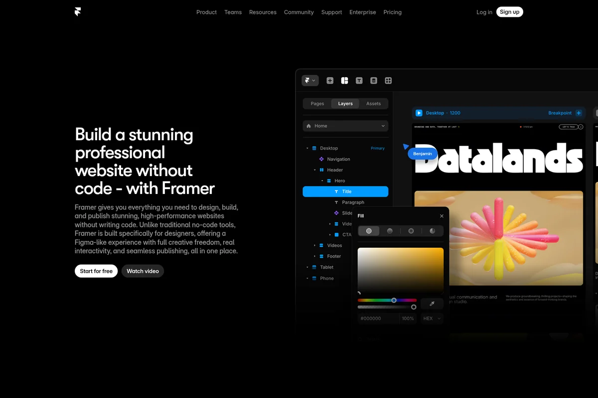 Framer website builder workspace showing content and layer management with a dark-mode sleek interface.