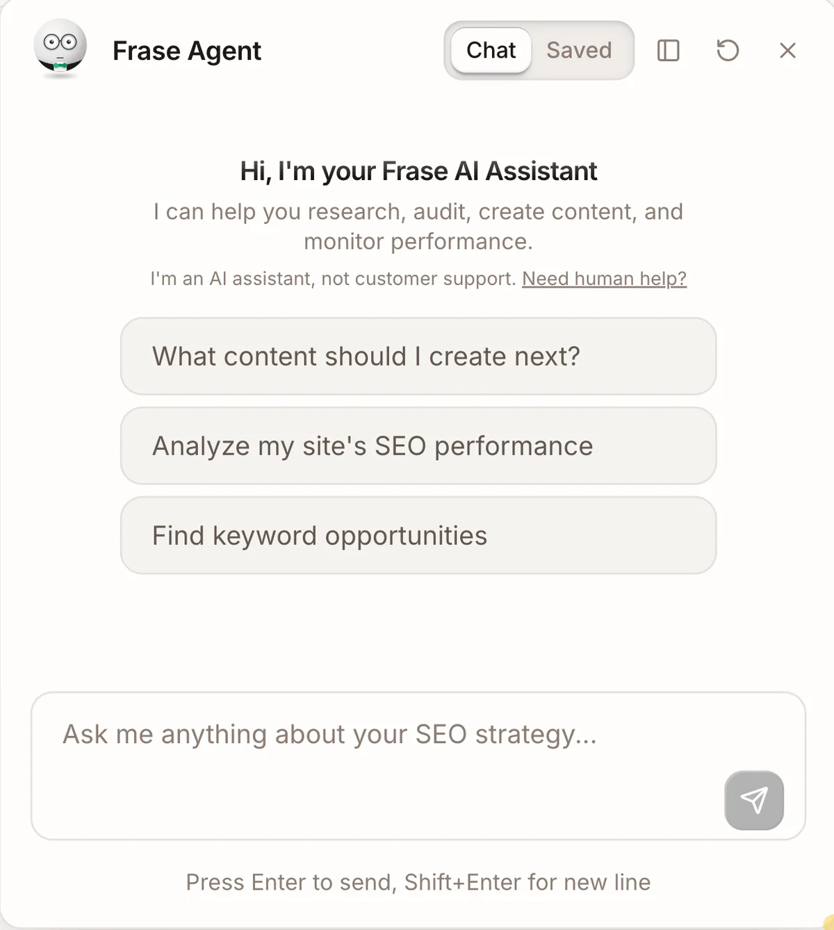 Frase AI Assistant chat interface with prompt suggestions for content creation and SEO performance analysis.