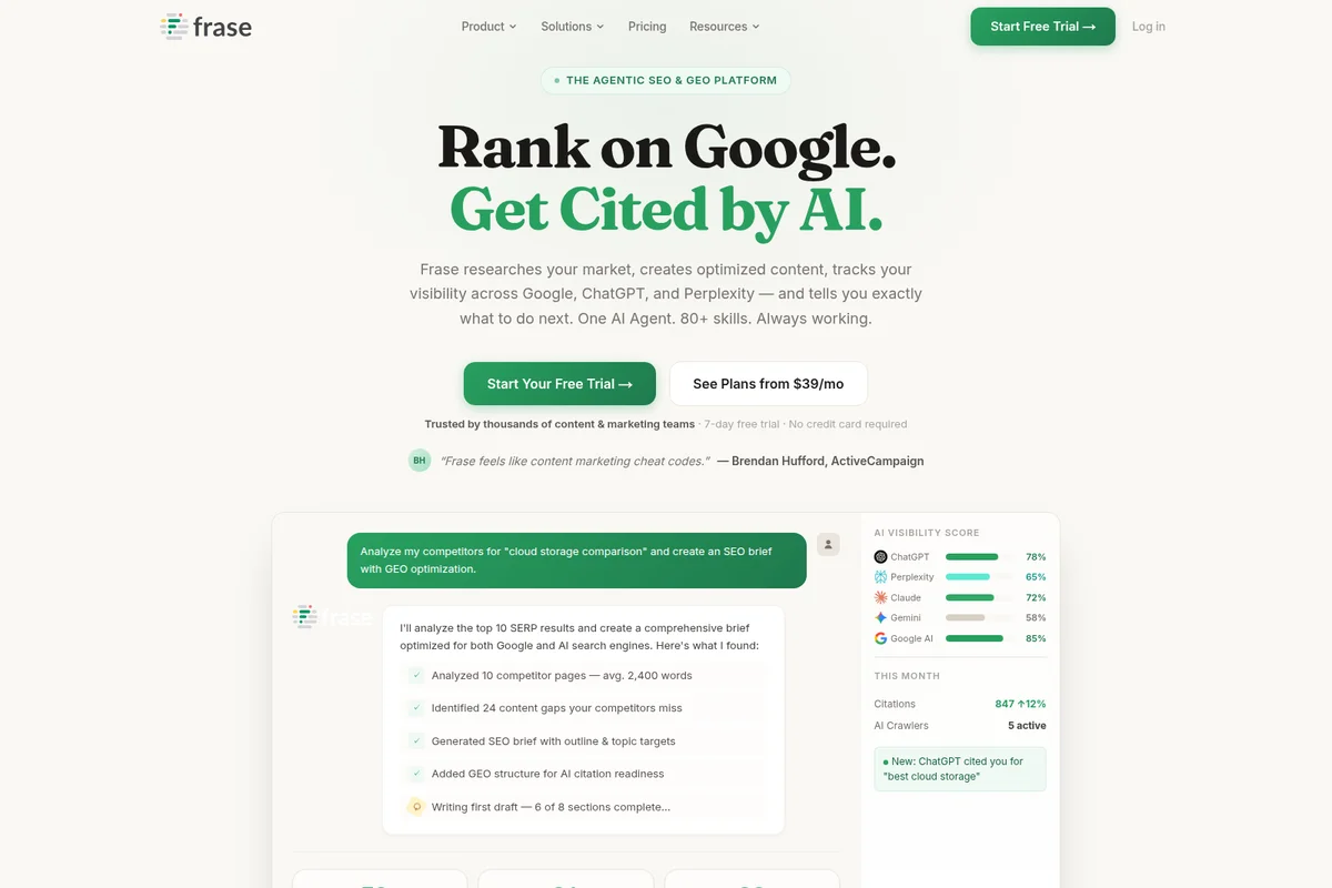 Frase homepage showcasing AI-powered content optimization with real-time AI visibility scores and SEO brief generation in a clean, light-themed interface.