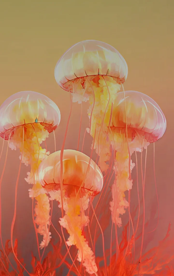 Freepik AI output sample showing vibrant jellyfish with long tentacles in a warm, ethereal underwater scene.