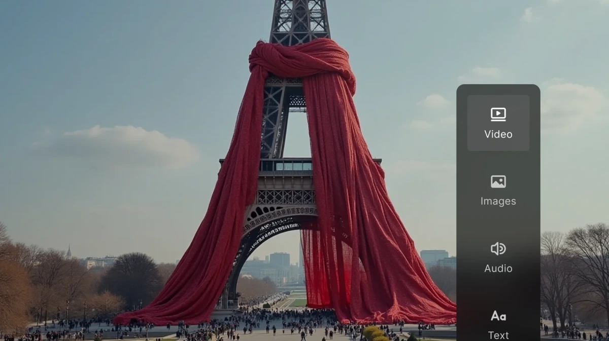 Freepik AI media output showcasing a wrapped Eiffel Tower with a categorized selection menu.