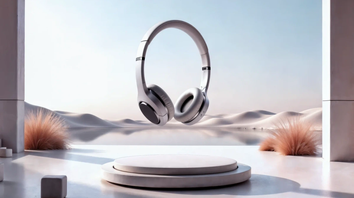 Freepik AI output sample showcasing floating headphones on a podium in a serene, minimalist desert landscape.