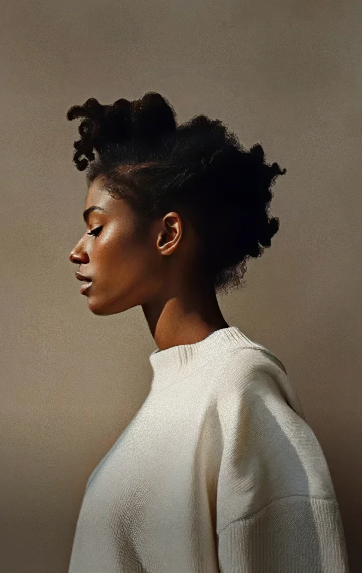 Freepik AI output sample showing a photorealistic portrait of a woman with curly hair looking to the left.