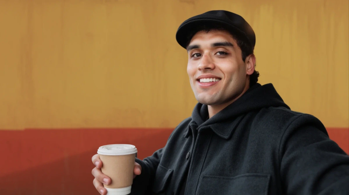 Freepik AI output sample showing a smiling man holding a coffee cup in a photorealistic style.