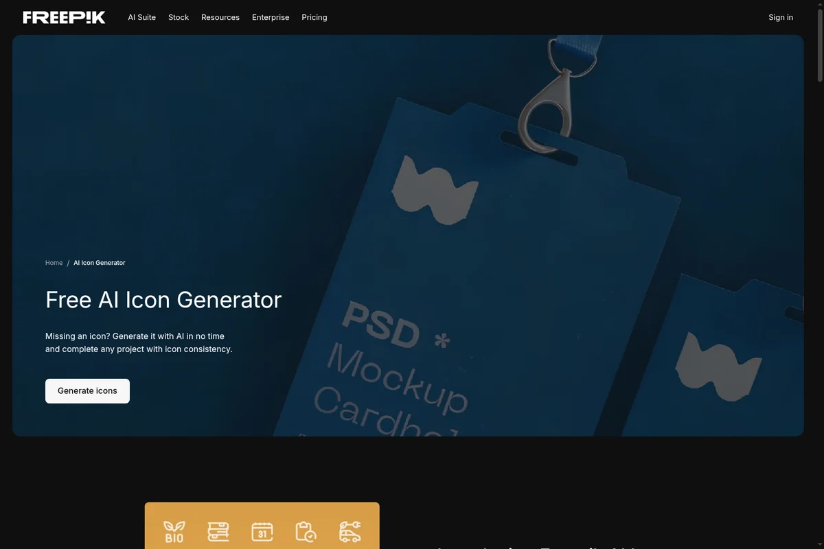 Freepik AI Icon Generator landing page hero section with a dark blue interface and branding card mockups.