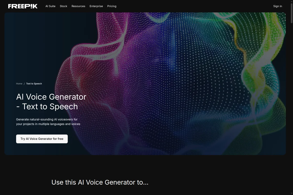 Freepik AI landing page hero for AI Voice Generator showing text-to-speech capabilities with a dark, abstract glowing graphic representing sound waves or AI.