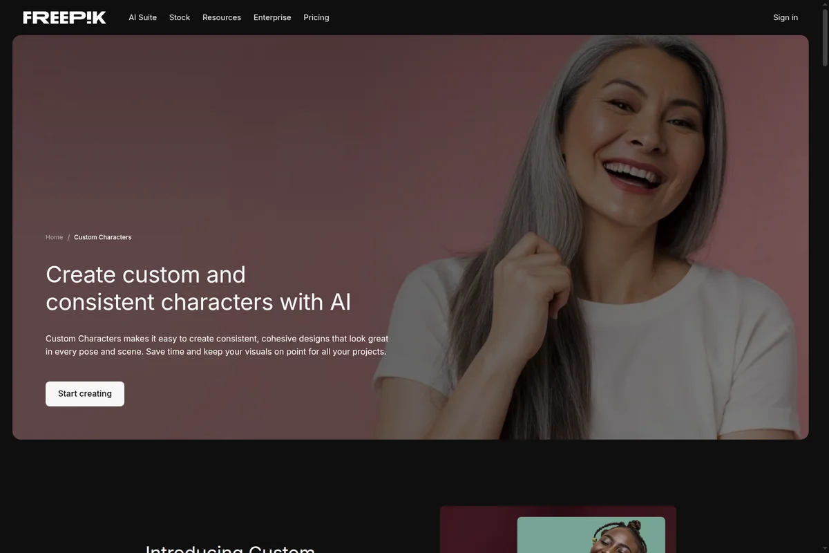 Freepik AI Custom Characters landing page hero section, featuring a smiling woman with silver hair and a modern dark aesthetic.