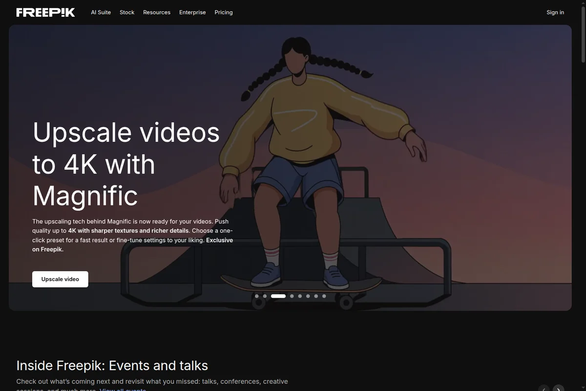 Freepik AI landing-hero announcing Magnific for 4K video upscaling, with a dynamic skateboarder illustration.