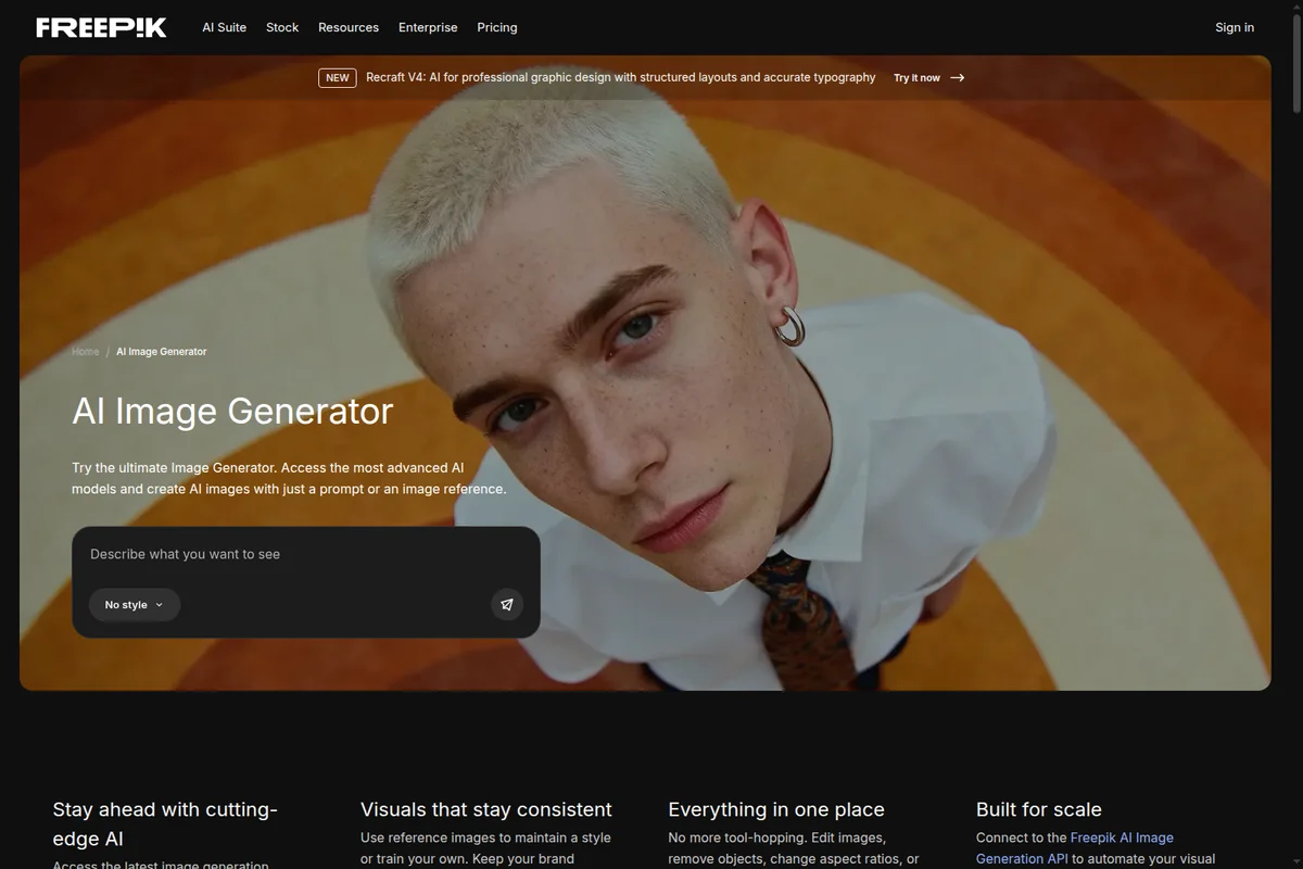 Freepik AI Image Generator workspace UI showing the prompt input for image generation with a modern dark theme and a striking portrait background.