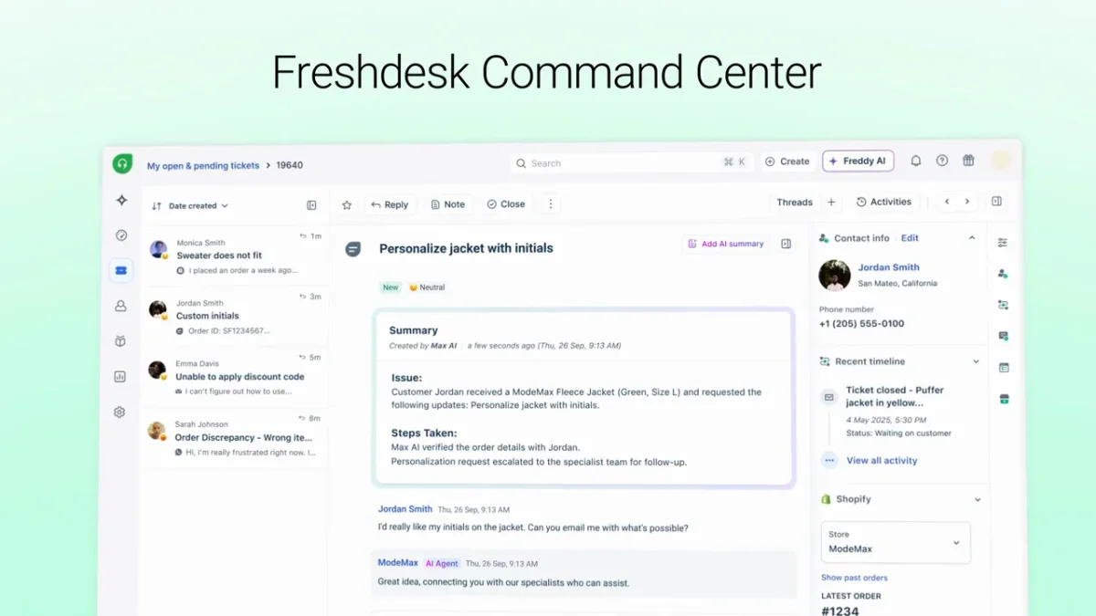 Freshdesk Command Center workspace showing AI-summarized customer service tickets with a modern UI.