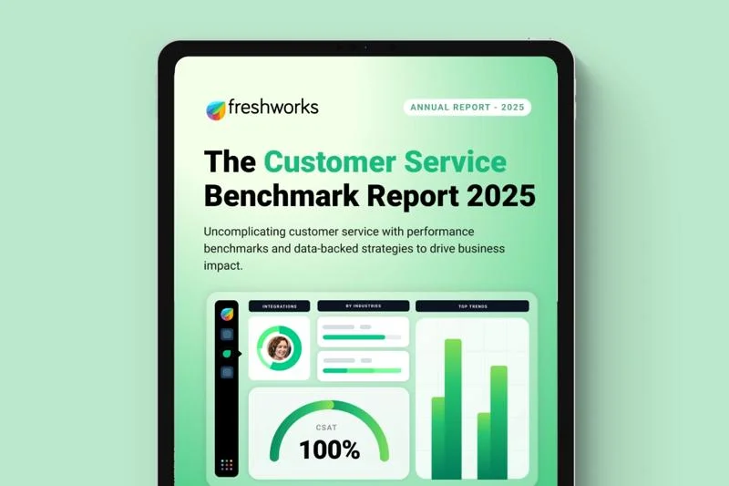 Freshworks Customer Service Benchmark Report showing a dashboard with CSAT scores and trends in a clean, modern design.